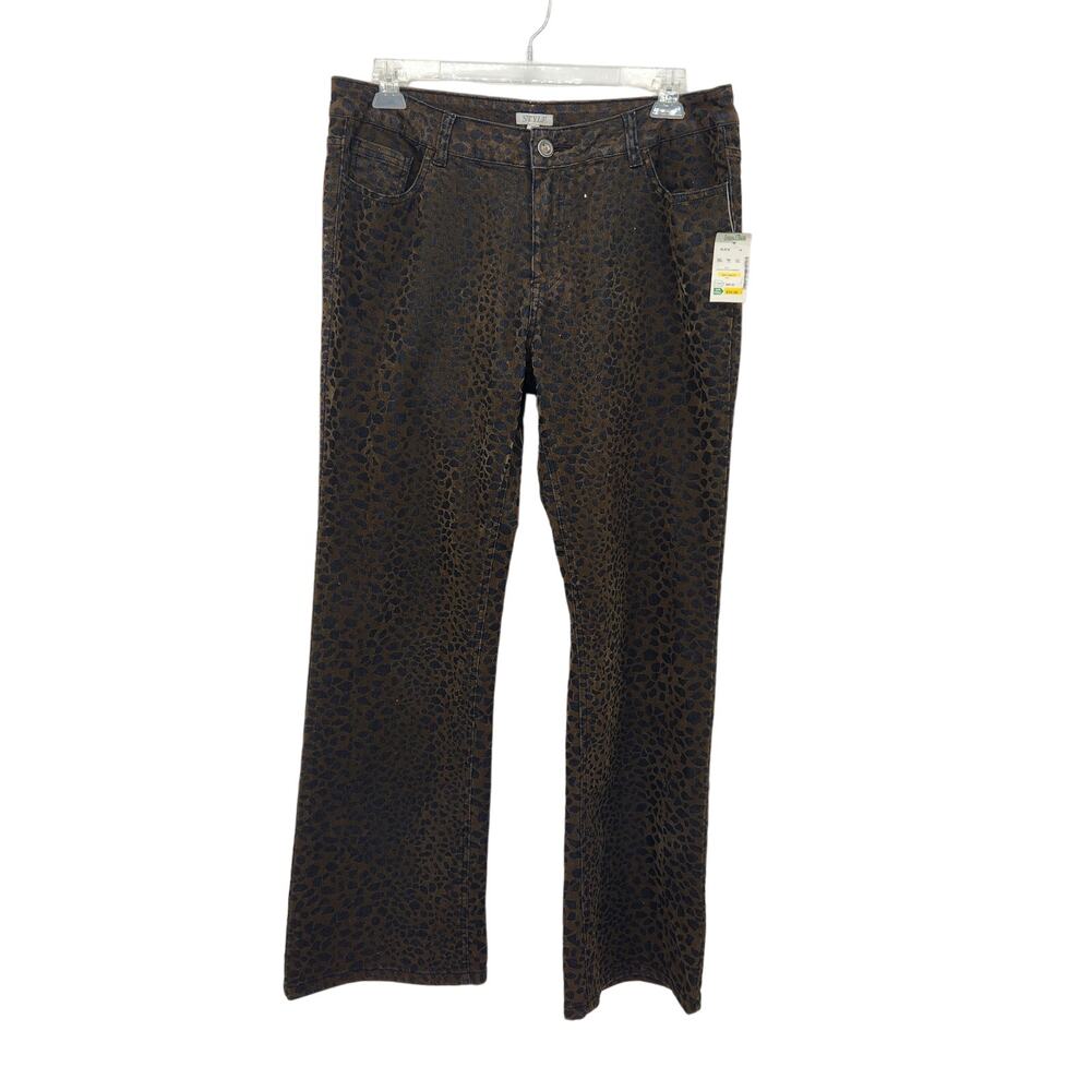 NWT Style NY Paris Denim Brown Black Cheetah Print Wide Leg Jeans Women's 14